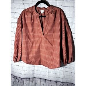 A New Day Womens Large Rust Orange Plaid Balloon Sleeve Split Neck Blouse Top